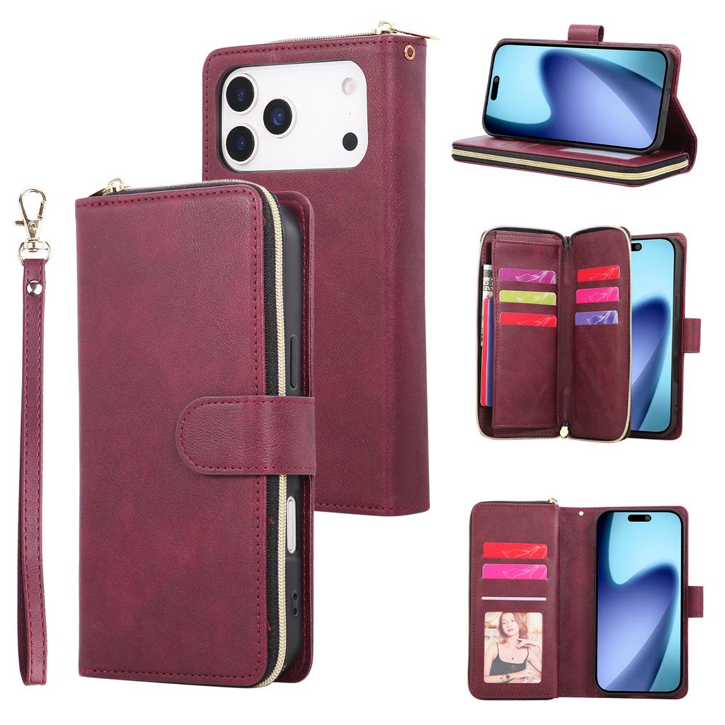 For iPhone 17 Pro Max Case Zipper Pocket 9 Card Slots PU Leather Phone Cover with Hand Strap
