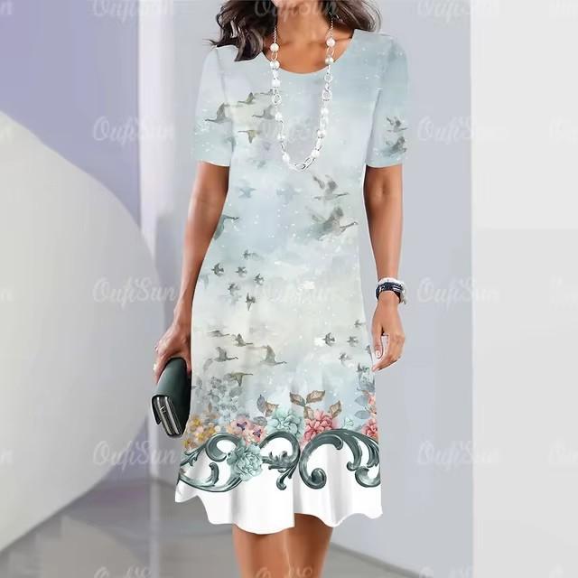 Elegant Women Short Sleeve Fashion 3d Print Midi Dress Plus Size Beach Clothing S