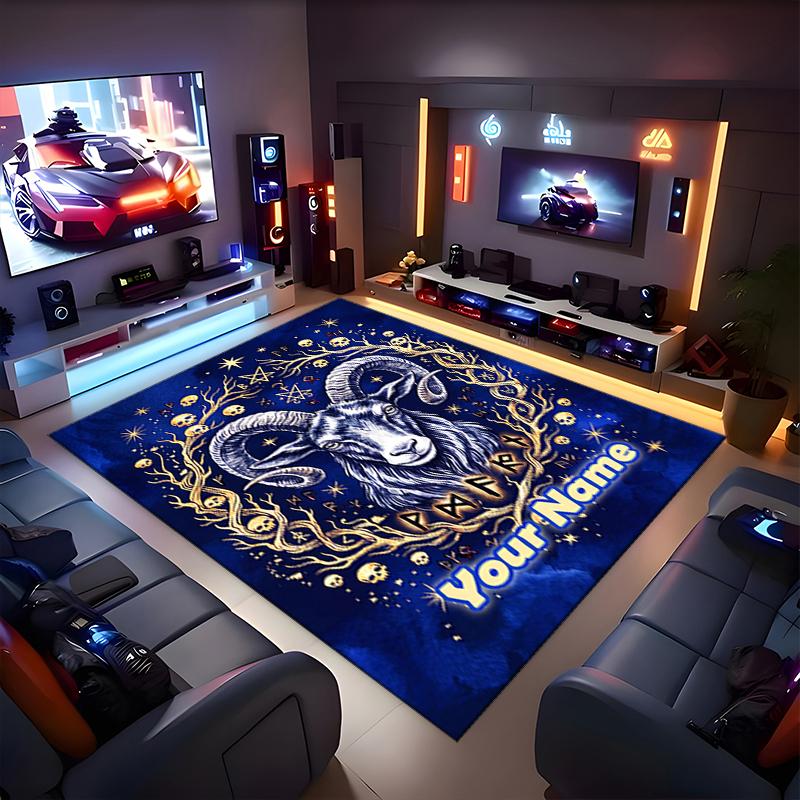 1PC Custom Name Zodiac Goat Art Theme Floor Mat Ideal for Living Room, Game Rooms, Office, Bedroom,Floor Mat Playful Design