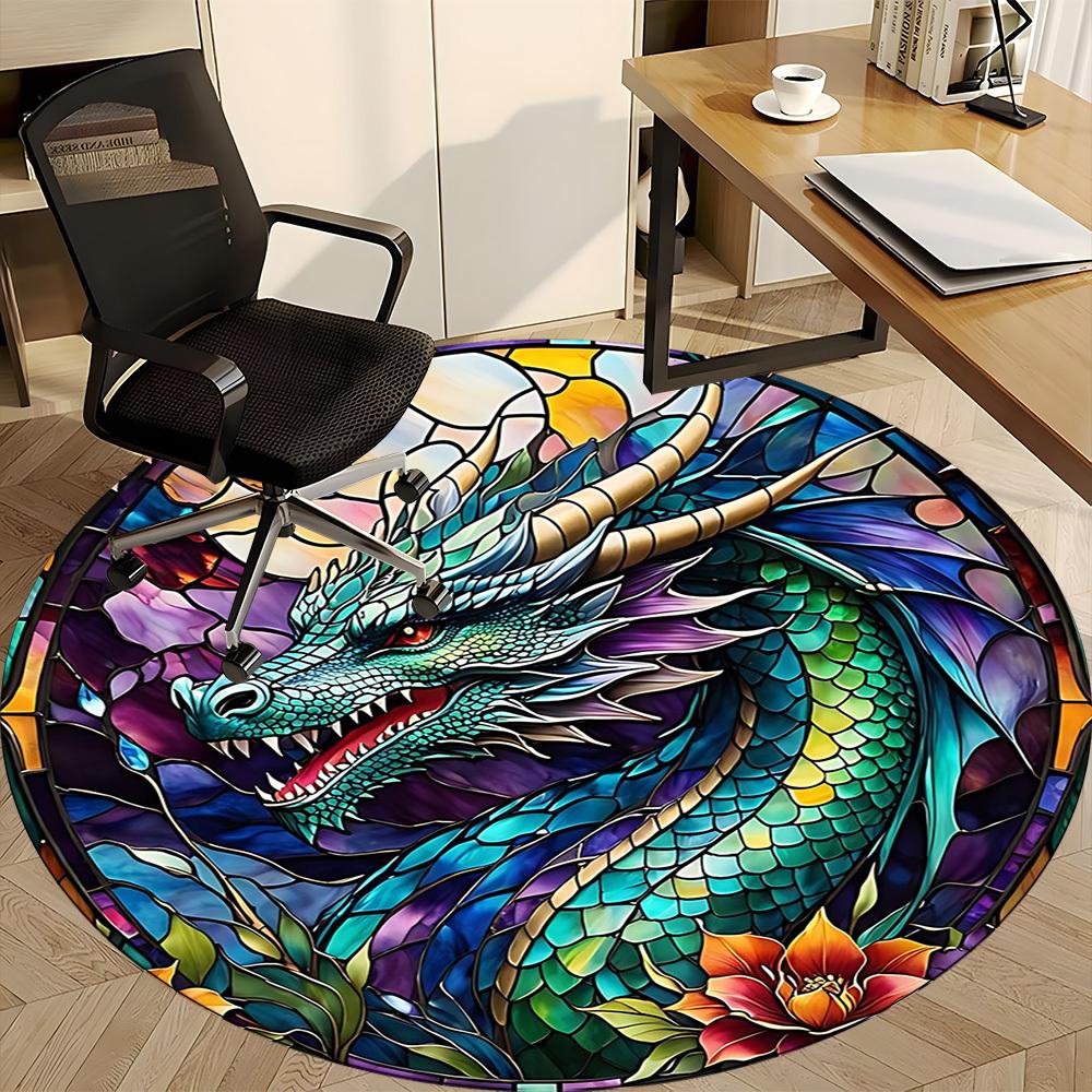 1pc Dragon StainedGlass Office Round Area Rug, Under Office Chairs Bedroom Living Room Home Decor, Room Deco