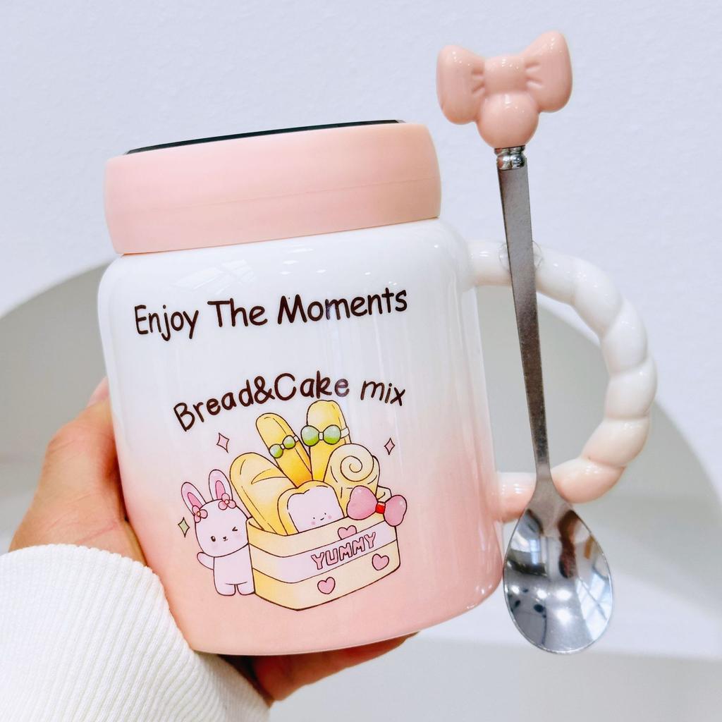 Little Rabbit Cartoon Ceramic Cup with Lid for Girls with High Temperature Mug Cute Creative Water Cup Office Gift Cup