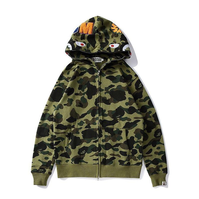 Mens Oversized Hooded Sweatshirt With Shark Embroidery Camo Print Casual Long Sleeve Pullover