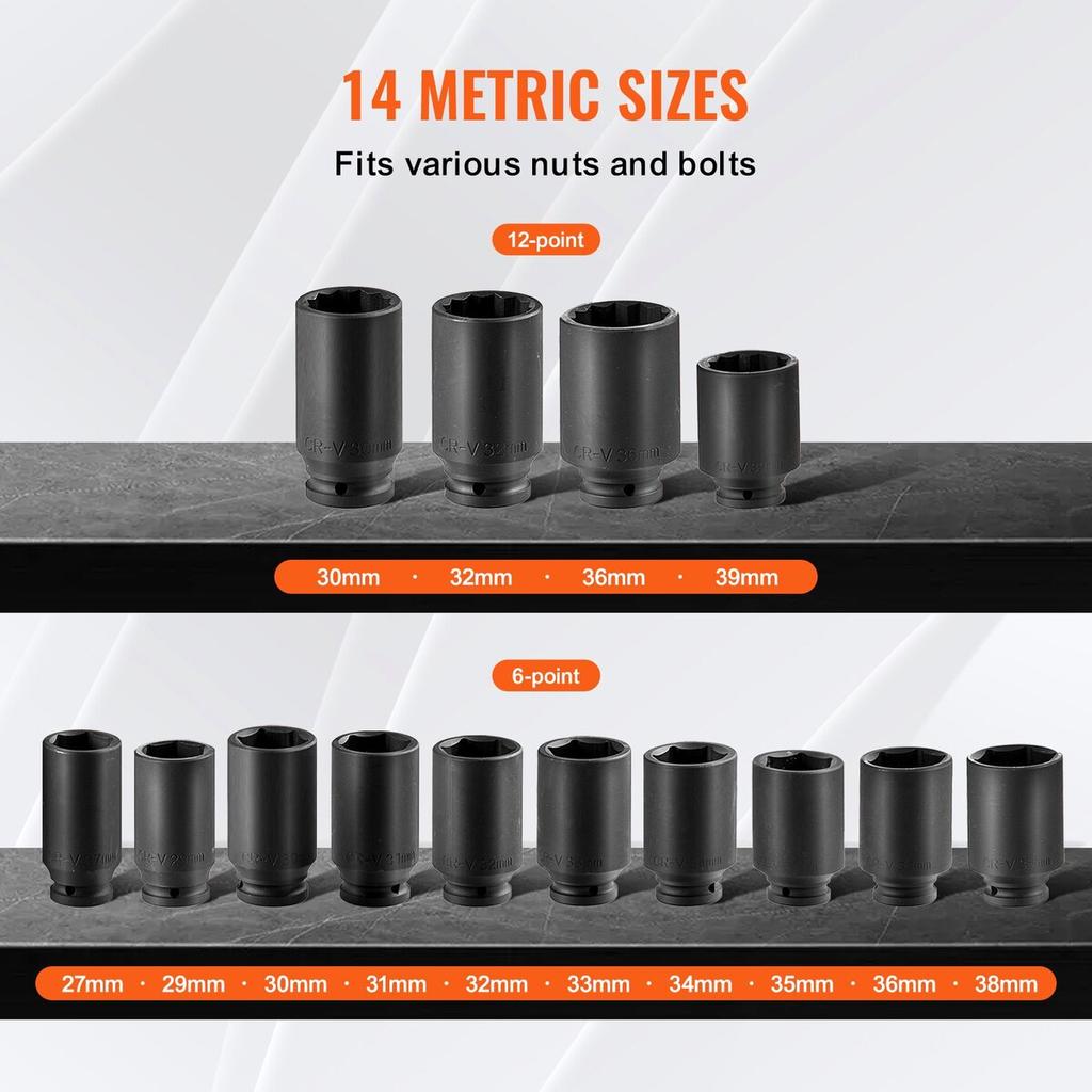 Axle Nut Impact Socket Set 1/2" Drive Deep 6+12-Point 14PCS Metric Socket