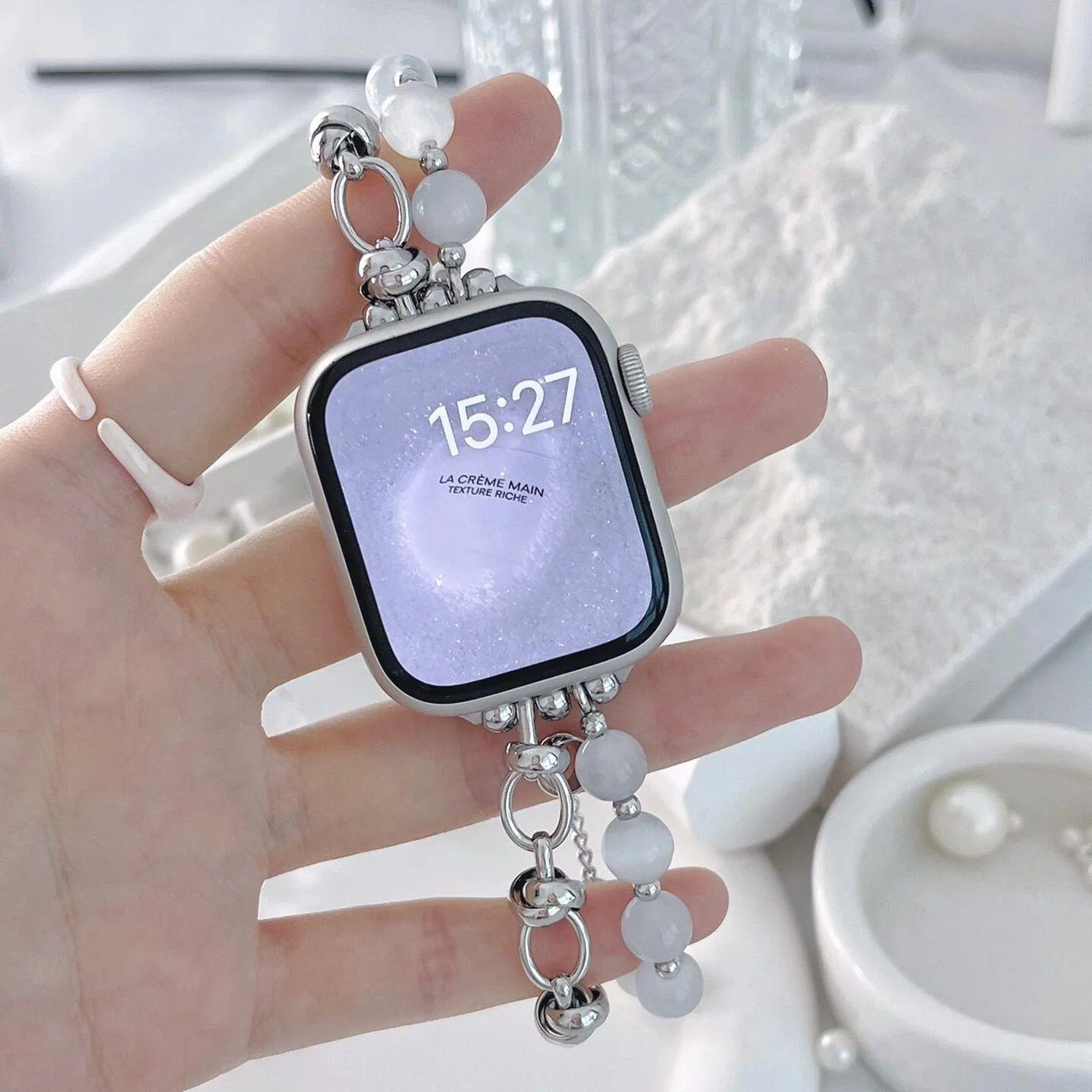 

Beads Metal Link Strap For Apple Watch Band For Women 38mm 40mm 41mm 42mm 44mm 45mm 46mm 49mm 38mm40mm41mm 42mmS10 серебряный