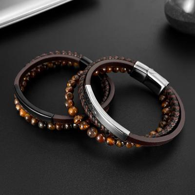 Bracelet Classique Hip-Hop Marron en Cuir pour Homme Œil de Tigre Bracelets en Perles Faits à la Main Bijoux en Acier Inoxydable Noir ALN25122673