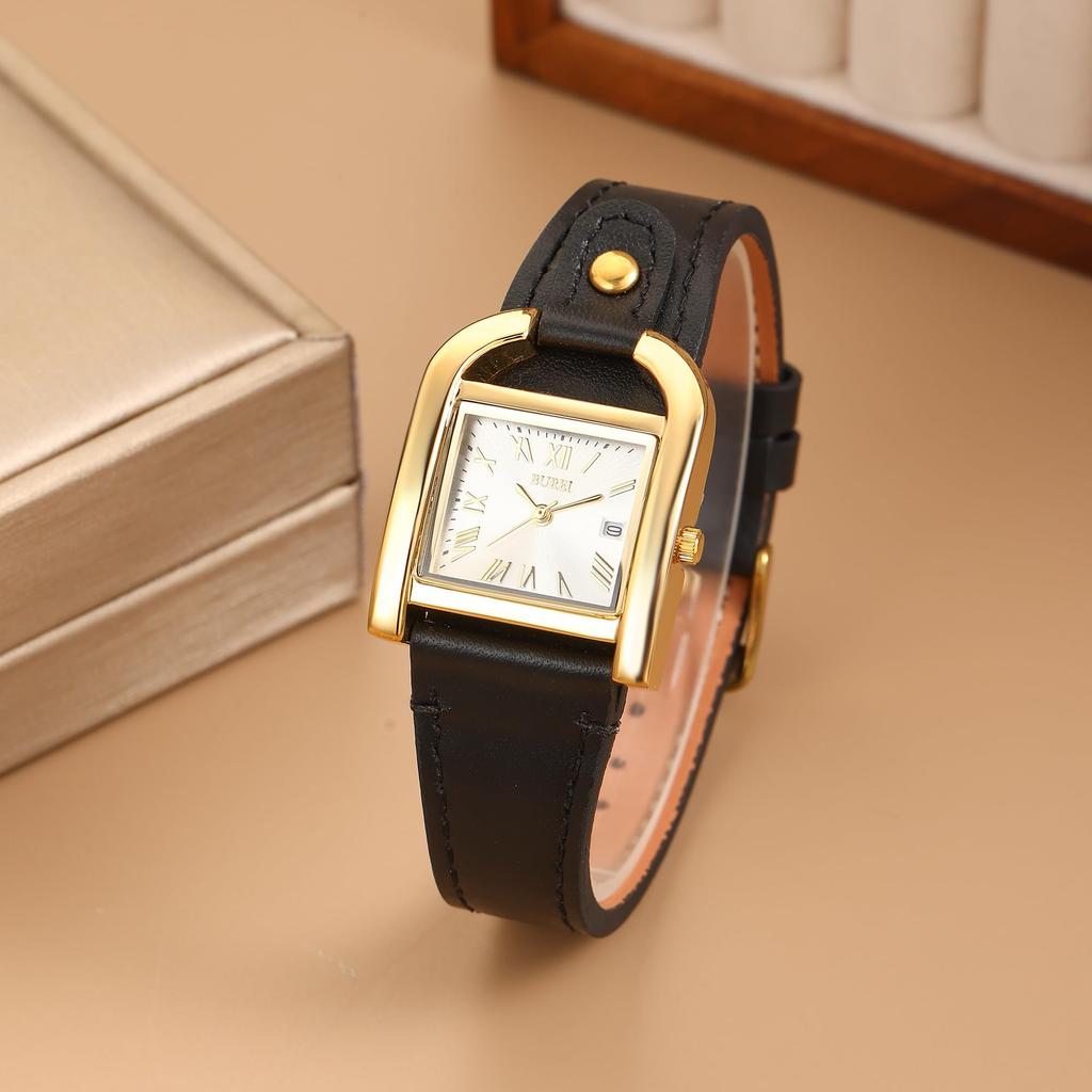 BUREI and Gold Square Roman Black Leather Perfect for and Casual Made in Japan Battery Women's Watch, Stylish, Simple, Cute, Quartz, Waterproof,