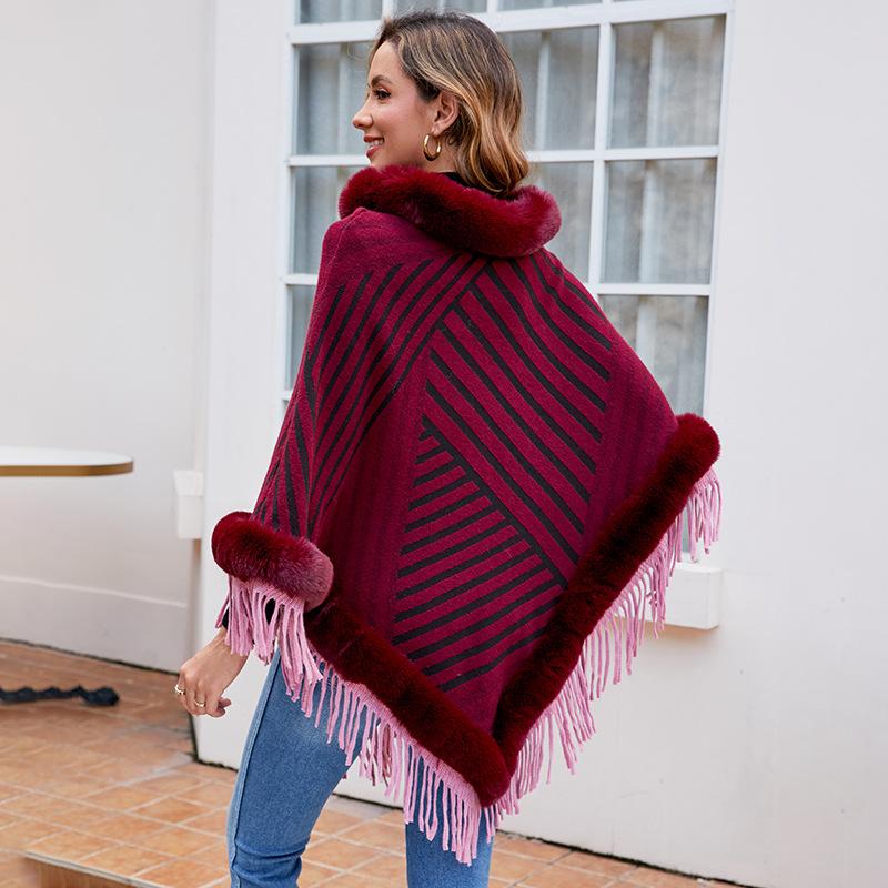 Autumn and Winter Women Stripe Loose Bat Sleeve Cross Border Cloak Cardigan Knitwear Half High Collar Sweater