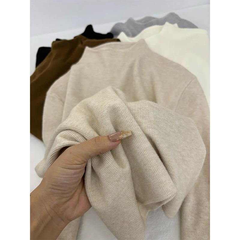 Spring soft waxy milk yellow knitted bottoming shirt women's simple solid color top small stand-up collar inner sweater