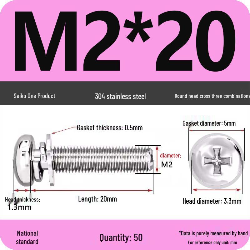 304 Stainless Steel Round Head Phillips Screw with Flat Washer (Sizes M3, M4, M5, M6)