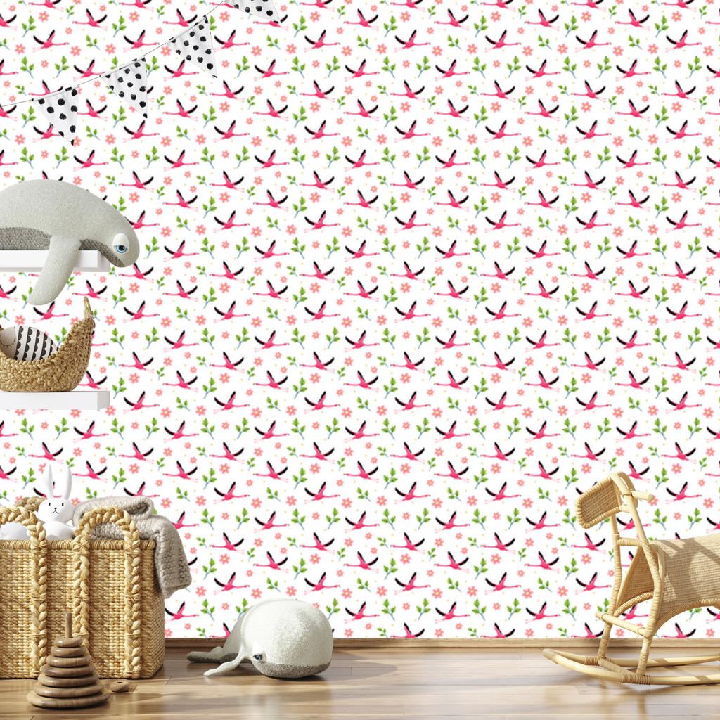 Flamingos Wallpaper in White, Powder Pink and Coral for Living Room and Bedroom 50x1000