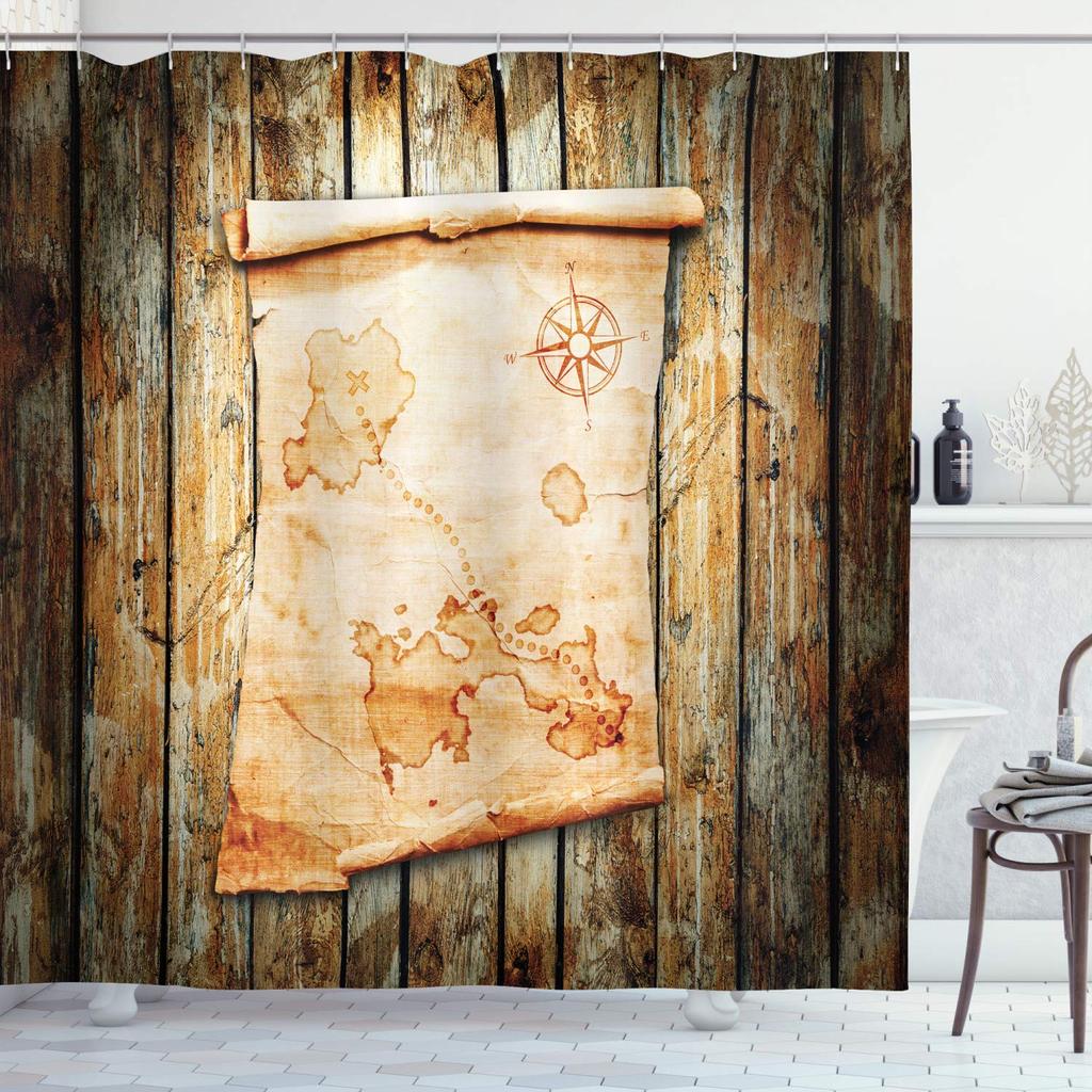 Maritieme Eilandkaart Douchegordijnen, Vintage Oude Kaart Piratenschip Decor Polyester Oceaan Oude Piraten Schatkaart Douchegordijn