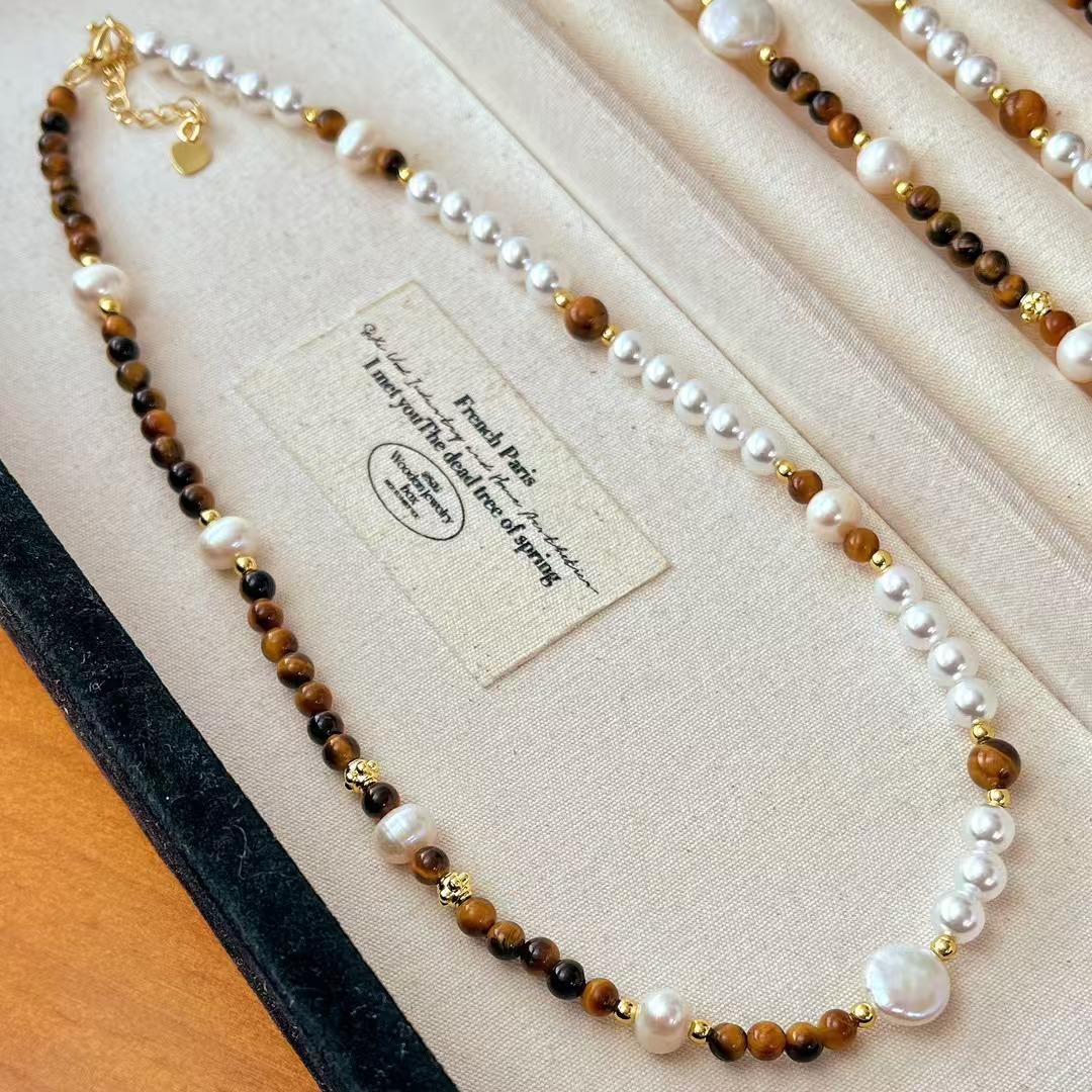 

Vintage Maillard Natural Tiger S Eye Baroque Pearl Faux Crystal Pearl Necklace Clavicle Chain