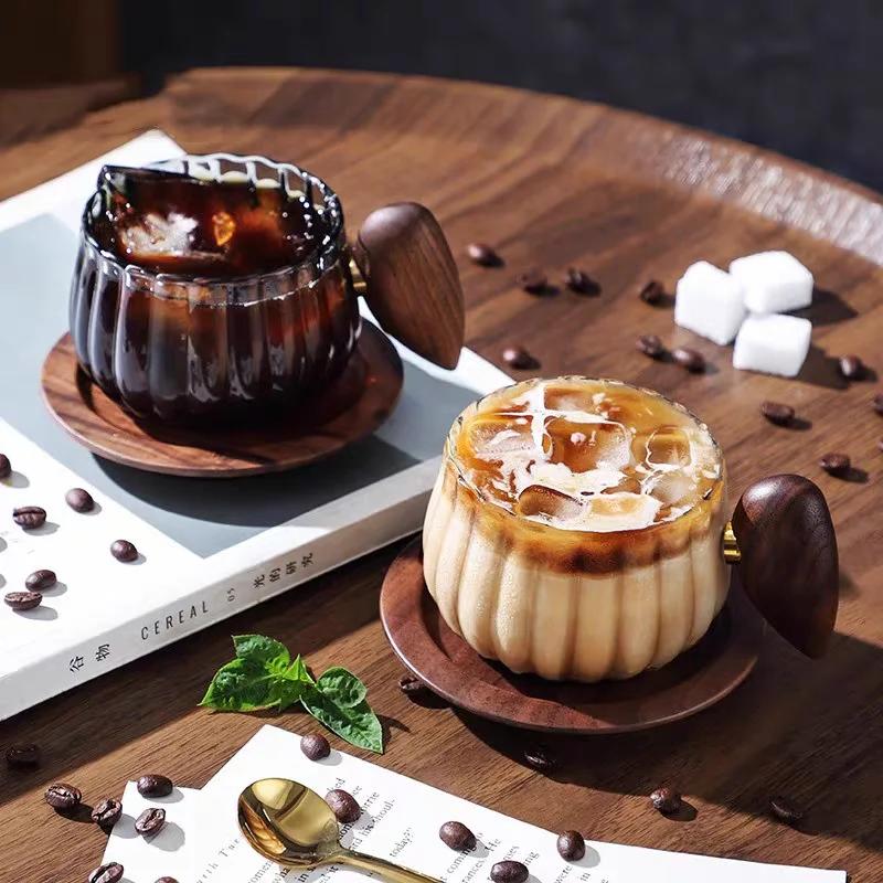 250ml striped heat-resistant borosilicate glass wooden handle iced American latte cup, breakfast milk tea cup