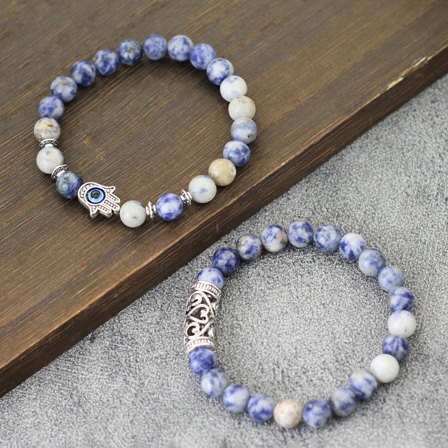 Retro 2Pcs Men Bracelet Set Turkey Evil Eyes Fatima Hand Braslet Natural Lava Sodalite Tiger Eyes Braclet Meditation Accessories