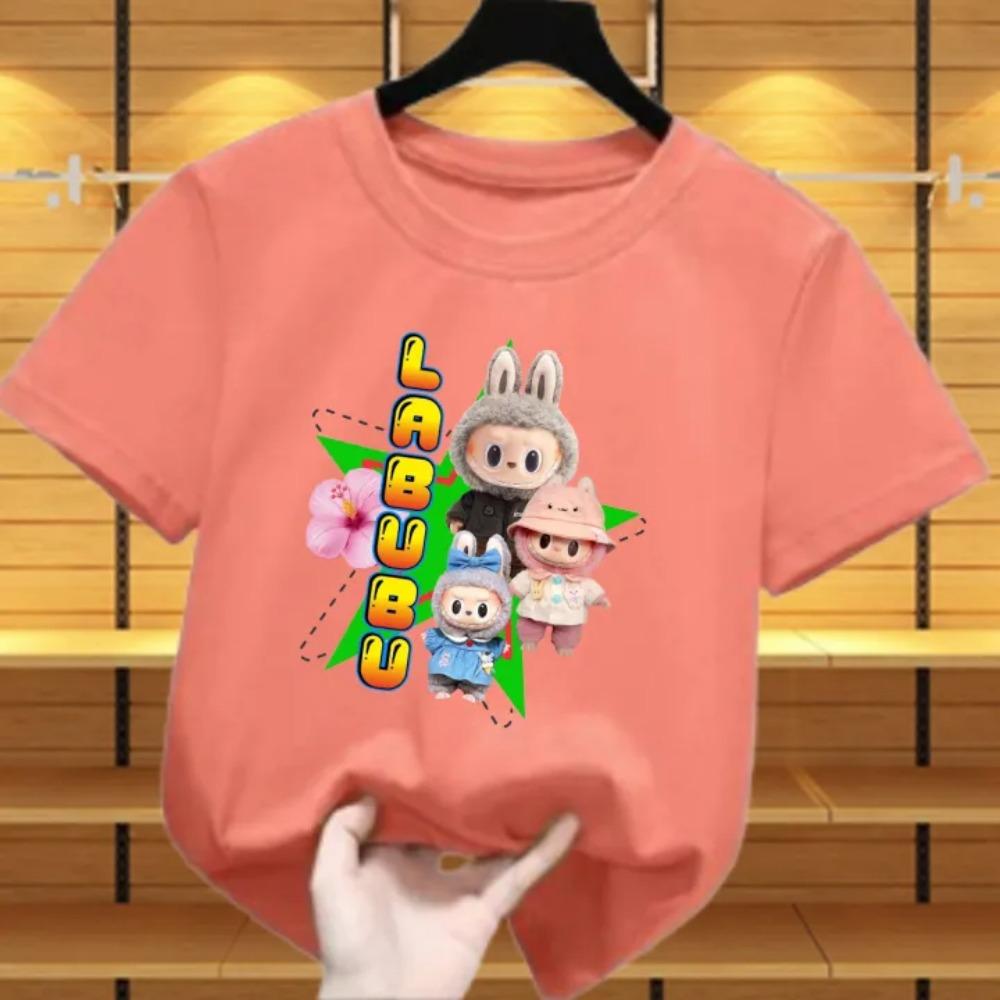 New Labubu Children's T-shirt Scarf LABUBU and Flower Pattern Girl Round Neck Short Sleeve Casual Versatile Clothing