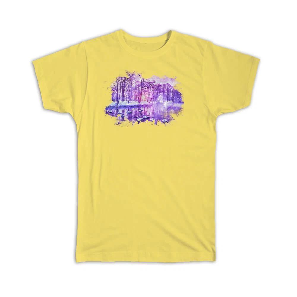 Gift T-Shirt : Watercolor Winter Lake Swans Frame XL