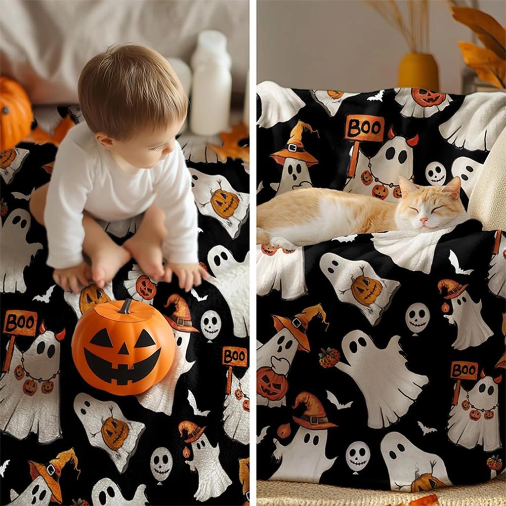 1pc Halloween Cute Ghosts and Pumpkins Pattern Throw Blanket, Cozy Decor for Halloween Party, Perfect Gift for Halloween Lovers