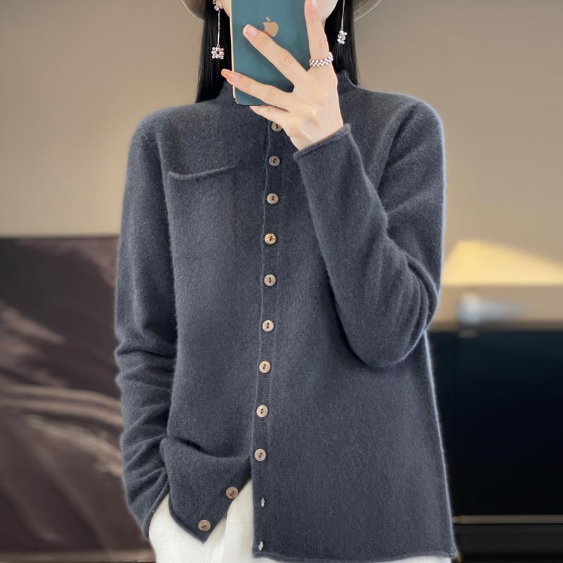 100% Merino Wool Women's Sweater Cardigan Fashion Crewneck High Quality Crimped Knit Sweater Pure Color Pocket Loose Sweater