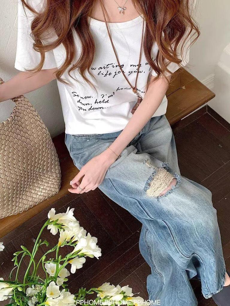 Women's High Waist Retro Ripped Wide Leg Jeans