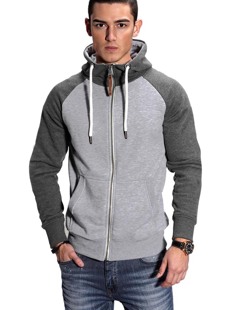 Men's European Size Color Block Raglan Sleeve Hooded Cardigan Sweatshirt