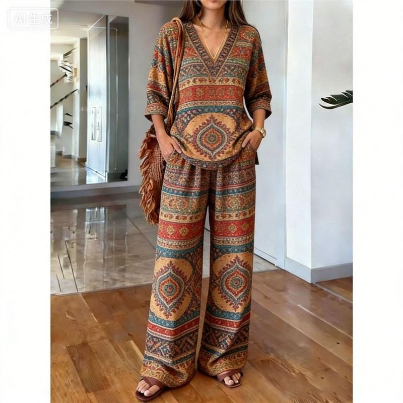 Bohemian-Print Baumwoll-Leinen-Hemd Weitbeinige Hosen Zweiteiler, Urlaubs-Freizeitanzug Damen