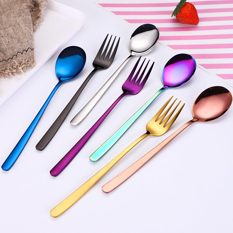 304 Stainless Steel Long Handle Gold-Plated Mixing Spoon and Fork Set, Korean Style