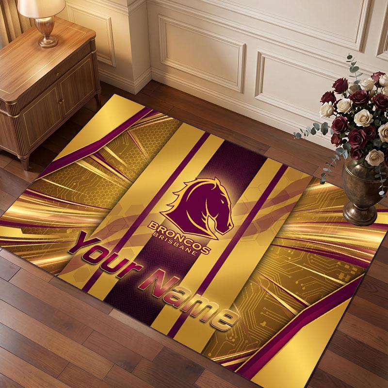 Brisbane Broncos Personalisierter Kristall-Samt-Teppich, Benutzerdefinierter Name Text Weicher Anti-Rutsch-Teppich für Wohnzimmer Schlafzimmer