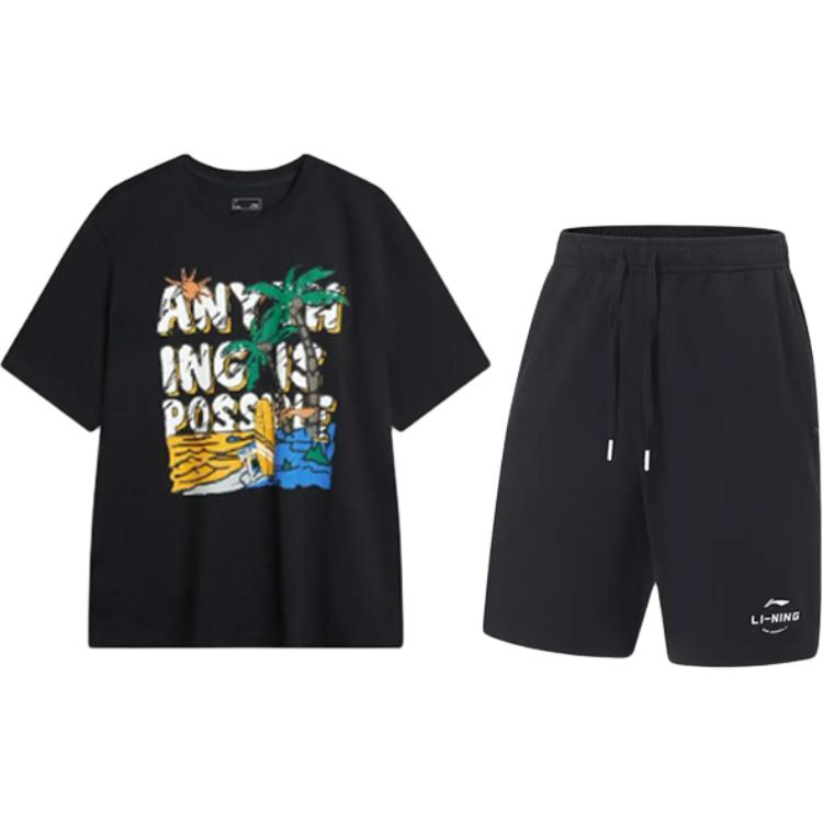 Li Ning Letter Print Cool Comfortable Versatile Round Neck Pullover Short Sleeve Mid Waist Tied Shorts Casual Sports Suit AHSU707-1+AKST543-3
