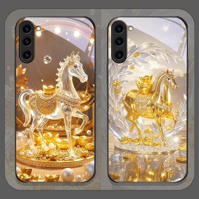 Luxus Kristall Goldenes Pferde Muster Gehärtetes Glas Handyhülle für Samsung Galaxy S25 Ultra S24 S23 Plus S22 S21 S20 FE M55 Hülle