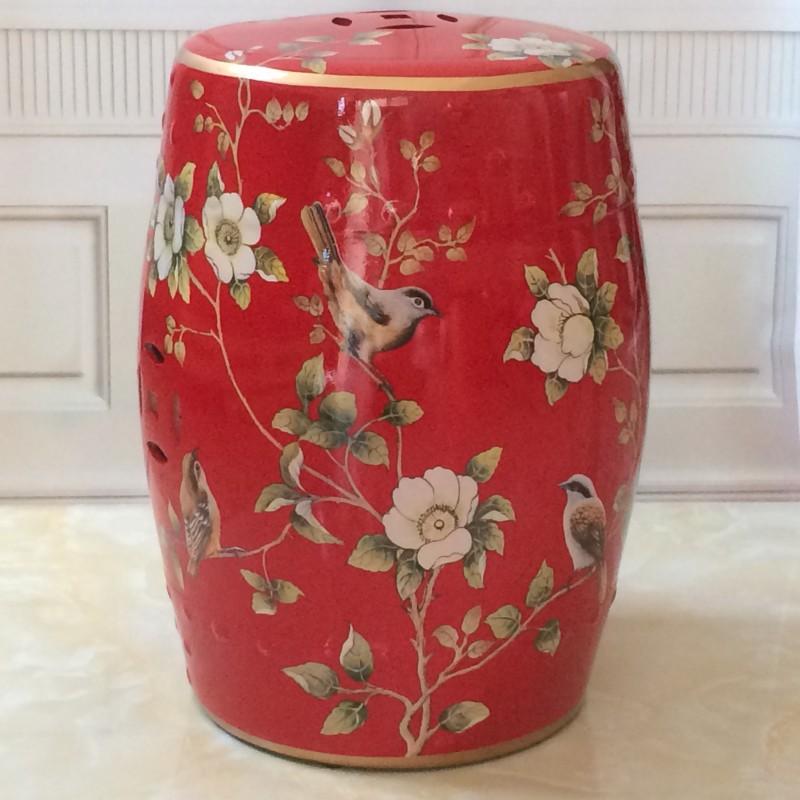 Ceramic Side Table Durable Drum Stool Hand painted Floral and Bird Coffee Table Classic Vanity Seat Suitable for Dining Room