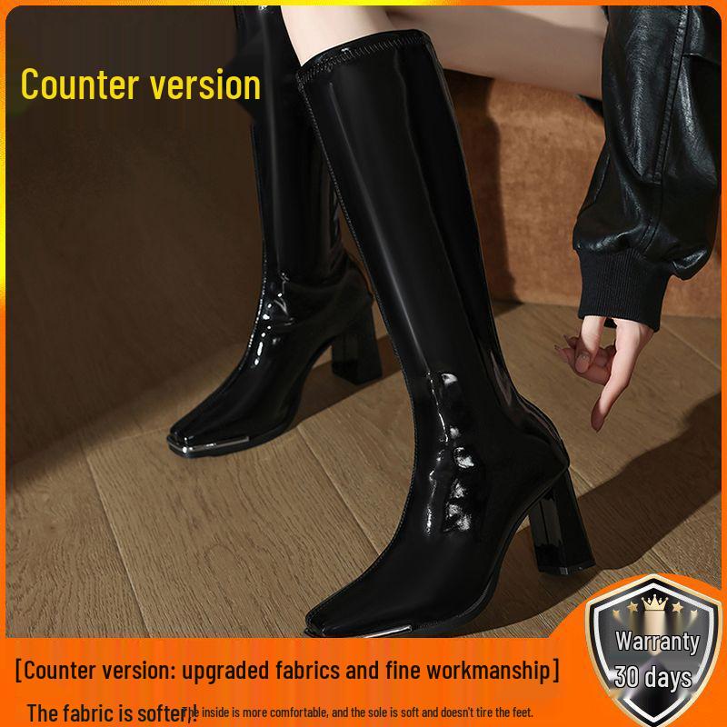 Women's Red Patent Leather Chunky Heel Boots - Autumn/Winter 2025 Collection, Metal Anti-Collision Square Toe, Elastic, Sexy Long Design.