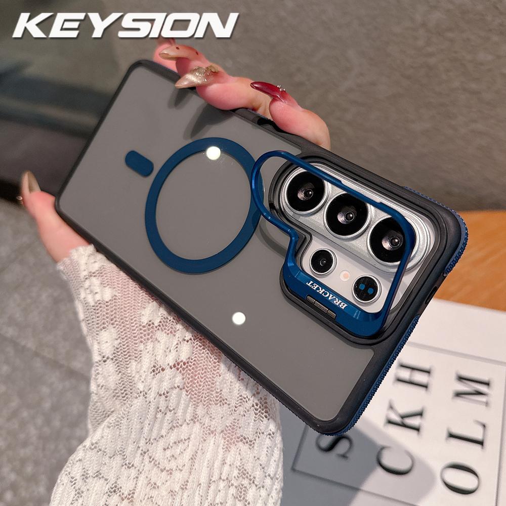 KEYSION Transparent Magnetic Lens Stand Case for Samsung Galaxy S25 S26 Ultra 5G S26+ Color Blocking Shockproof Phone Back Cover