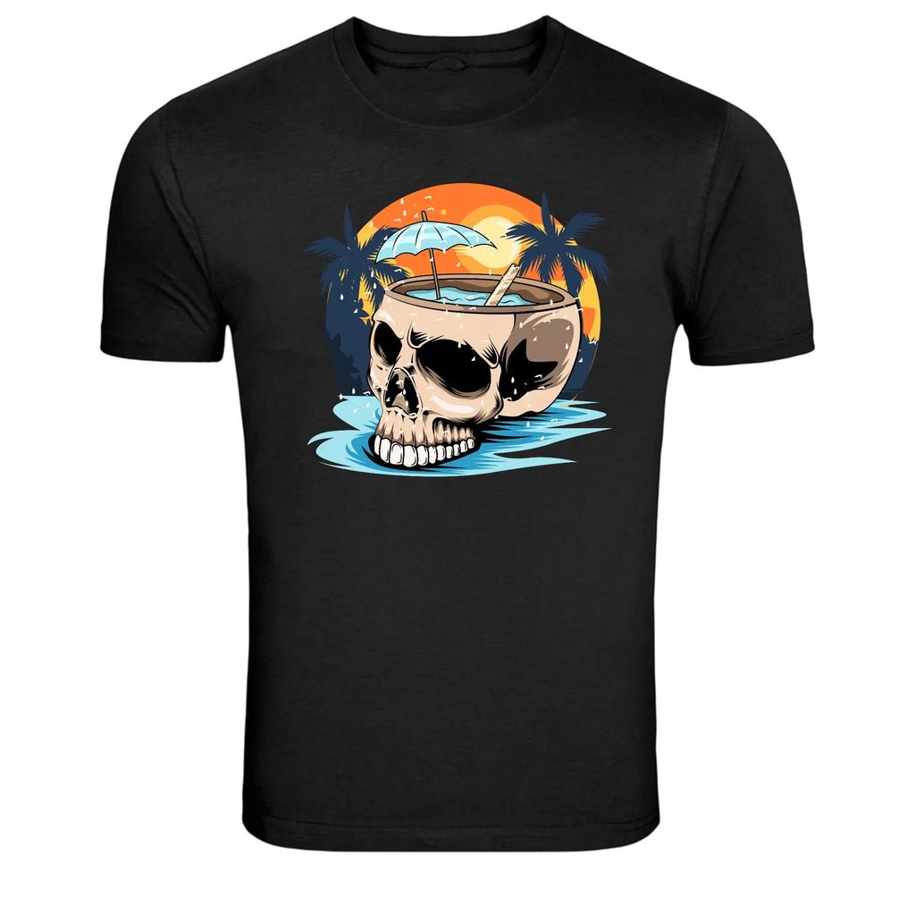 Tropical Coconut Skull Drink Beach Graphic T-Shirt