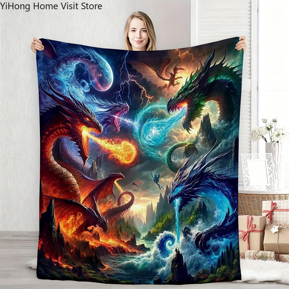 New Dragon Ice Fire Picture Blanket Skin Friendly Comfort Warm Soft Plush Blanket Suitable Sofa Living Room Office Bedroom