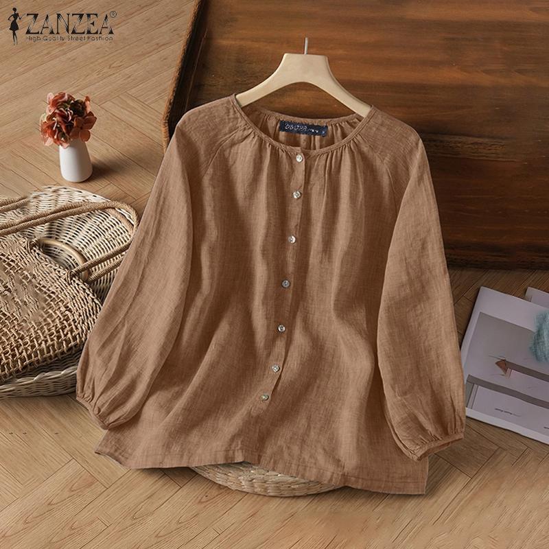 ZANZEA Women Casual Round Neck Solid Color Loose Long Sleeve Blouse