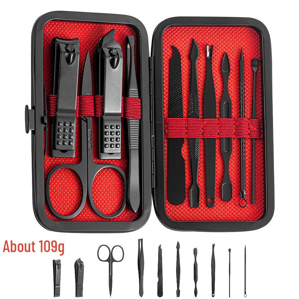24-Piece Black & Red Manicure Set: Nail Clipper, Tweezers, Ear Pick, Scissors