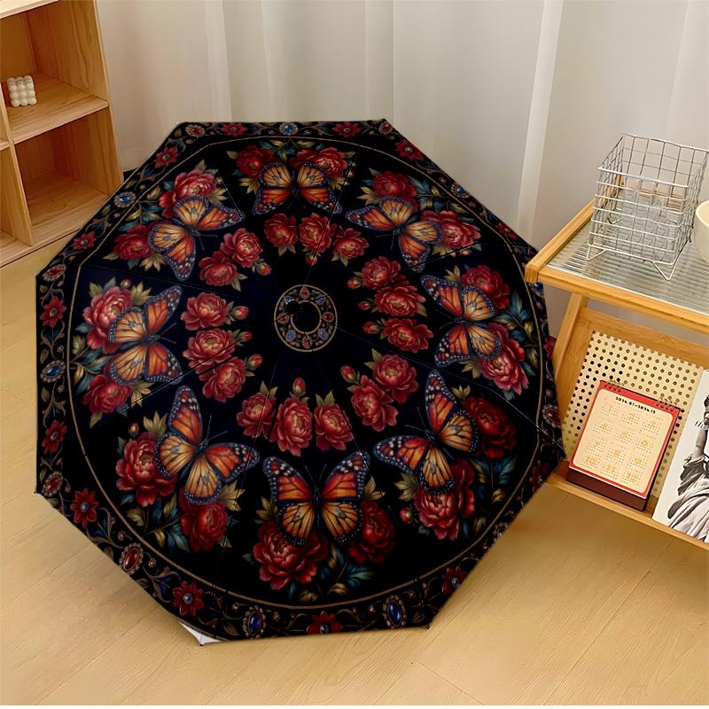 Butterfly Flower Circle (1) Printed Umbrella Windproof Folding Umbrella Portable Sun and Rain Umbrella Suitable for Gifting