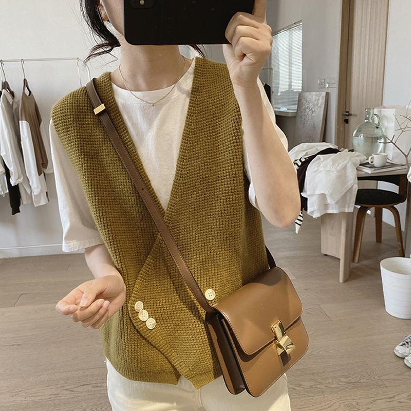 

Женская весенне-осенняя новая свободная, простая, тонкая и маленькая вязаная майка с v-образным вырезом One Size имбирный/жёлтый