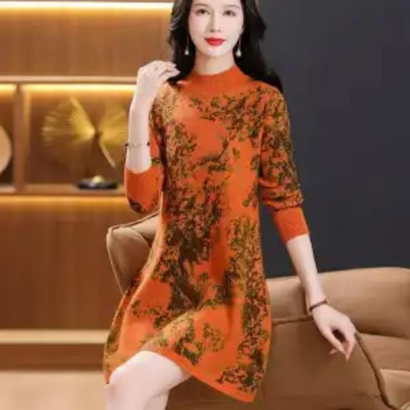 Knitted Autumn and Winter Middle-aged Elderly Sweater Dress Temperament Bottoming Western Style Long Dress