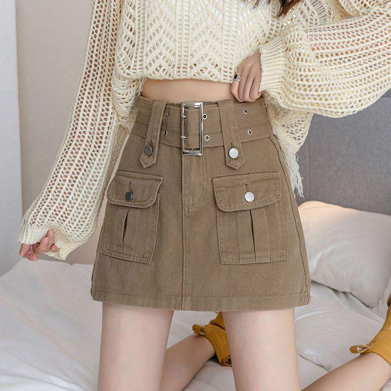 

Спецодежда, джинсовая юбка, женская юбка трапециевидной формы с высокой талией и ягодицами, встроенные шорты, уличная одежда, сексуальная новинка, новая мода XL хаки