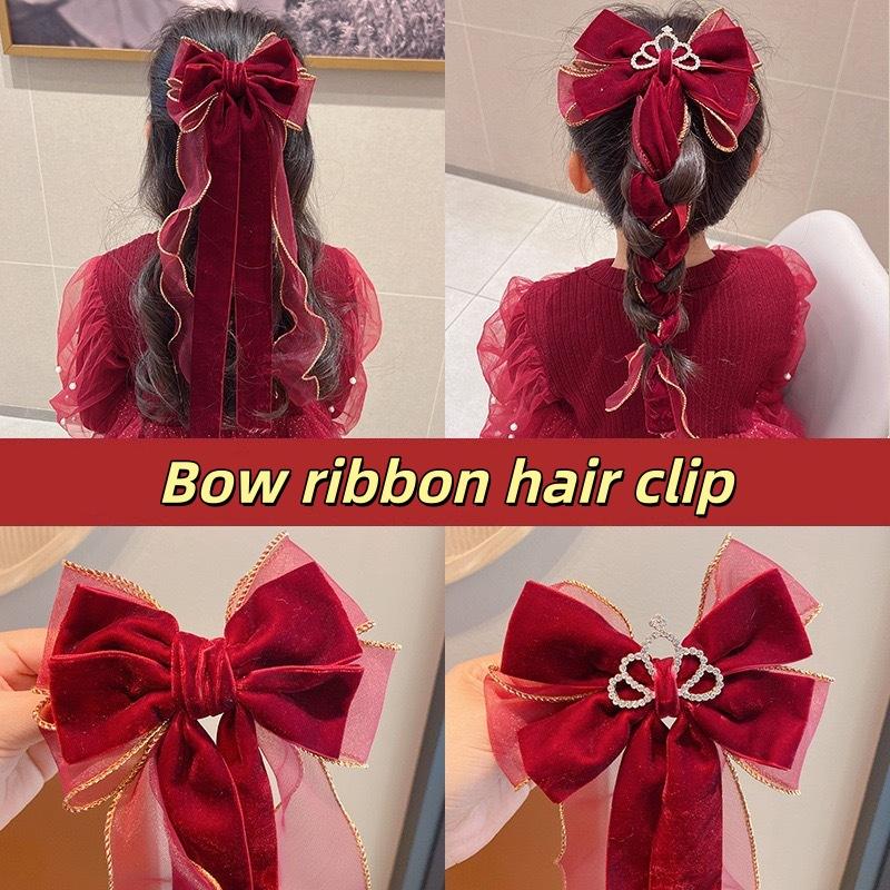 Wine Red Bow Ribbon Hair Clip Cute Barrettes Clip Ribbon Bow Velvet Hairpin Hair Accessories Princess Headdress Year Gift