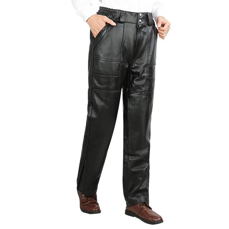 Men's Genuine Sheepskin Leather Pants - Warm Autumn/Winter Motorcycle Riders, Middle-aged & Elderly Outdoor Wear
