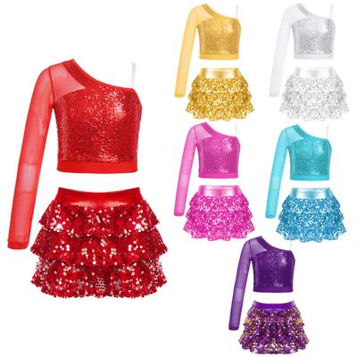Girls Dance Performance Set Sequin Mesh Top One Shoulder Long Sleeve Crop & Tiered Ruffle Culotte Shorts