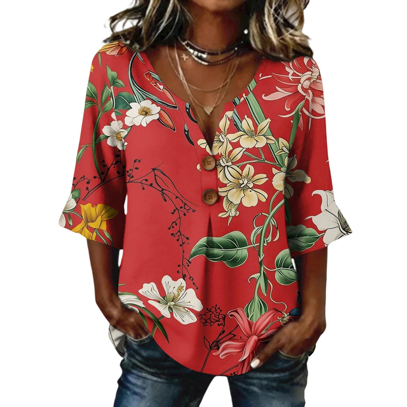 

Womens Long Sleeve Tops with Floral Print Button Long Sleeve Shirts for Women Casual Loose Fit Long Sleeve T Shirt Women XL червоний
