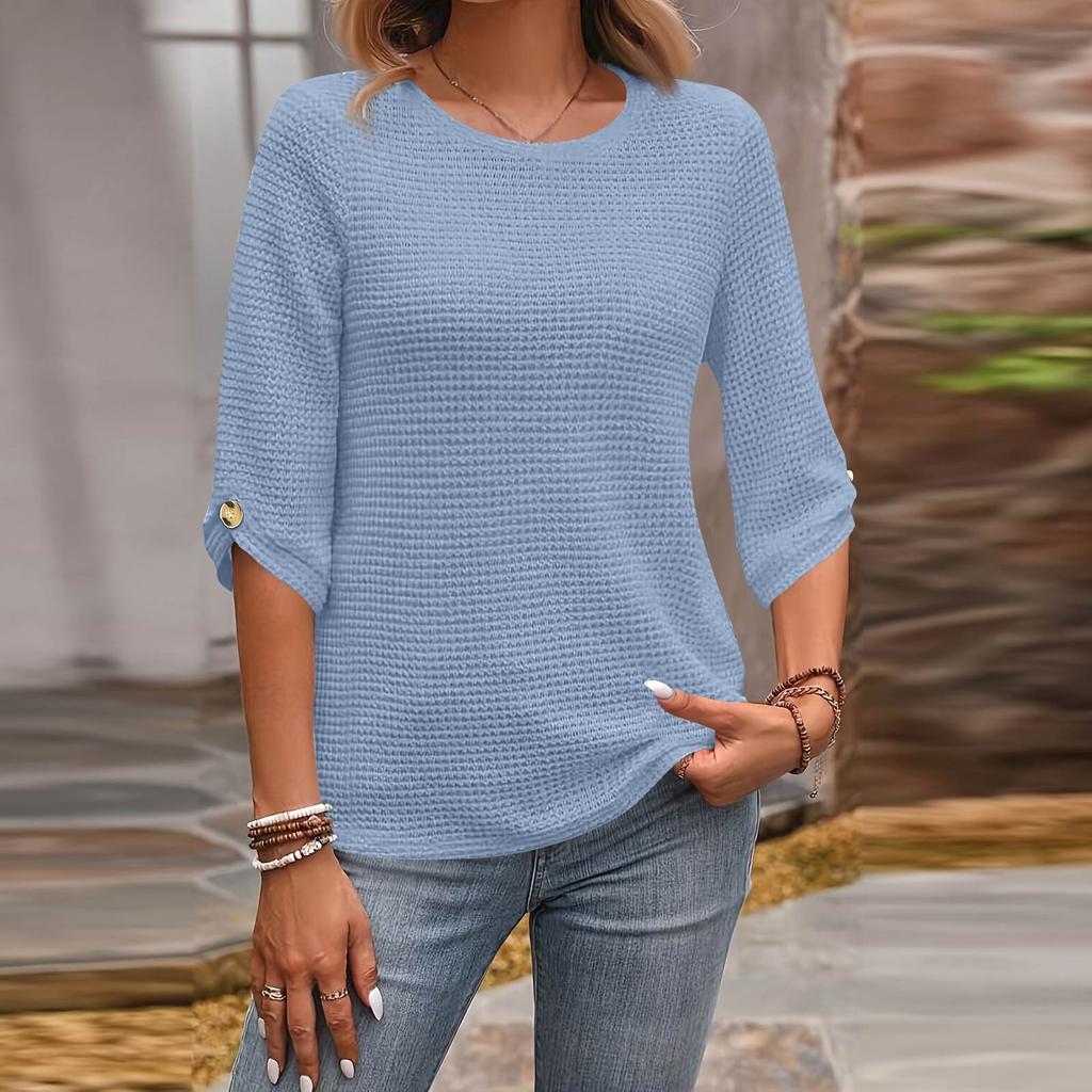 Damen Mode 7/10 Ärmel Strick Rundhals Farbe Lässiges Oberteil