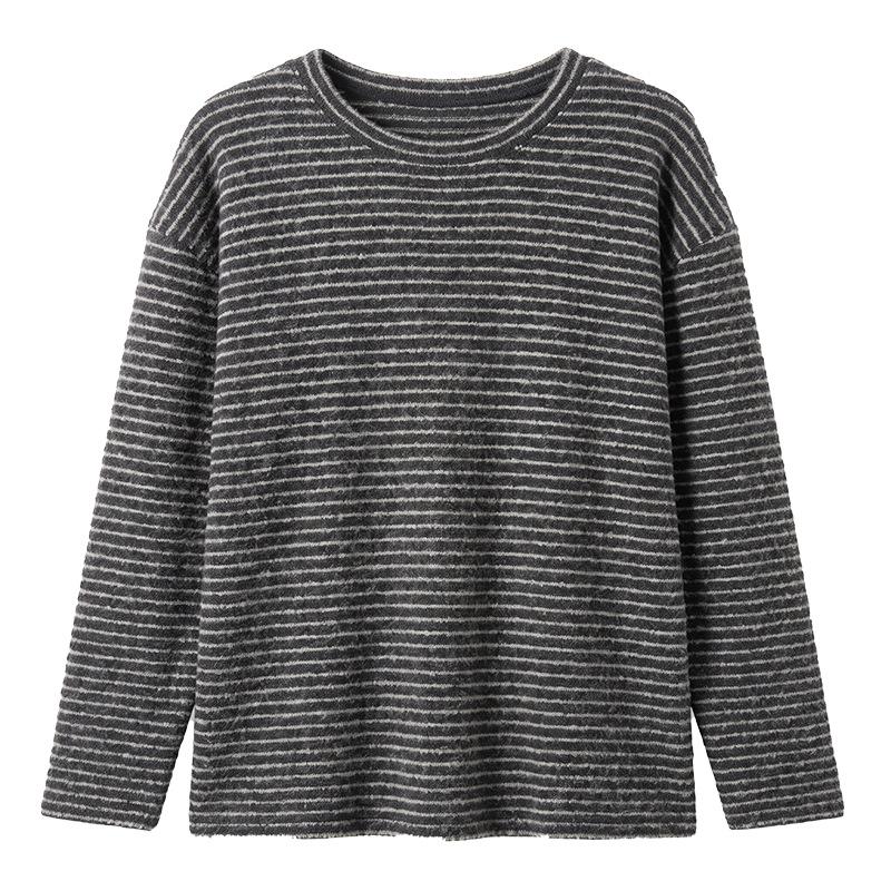 Korean Lazy Style Thick Brushed Striped Long Sleeve T Shirt Women Autumn Loose Casual Top
