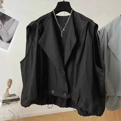 Casual Silhouette Vest Women's New Style Spliced Button Drawstring Turtle Back Loose Sleeveless Jacket