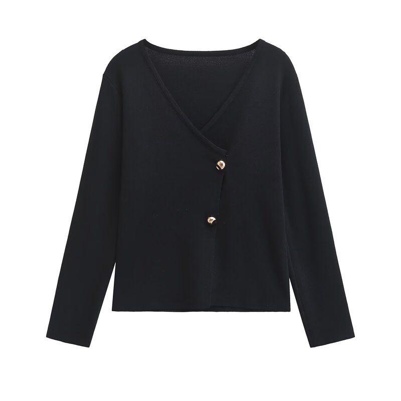 Fashion Style 2024 Fall and Winter New Female Versatile Asymmetric V Neck Long Sleeves Silm Knitting Outwear 4192124