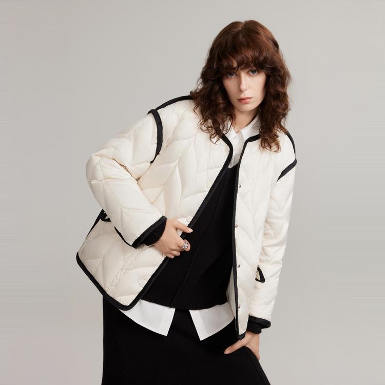 ELLE French Style High-End White Duck Down Basic Warm V-Neck Short Jacket Women outerwear Off-White EY49175