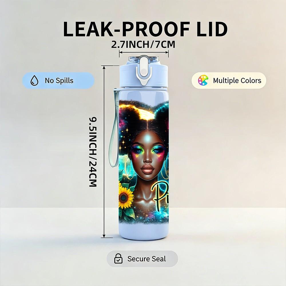 1PC Black Girl Galaxy Colorful Portrait Print 750ml Color Plastic Sports Water Bottle Leakproof Flip Straw Lid Suitable for Sports Office Home Use